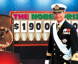 King Carl XVI Gustaf keeps an eye on the Nobel jackpot.
